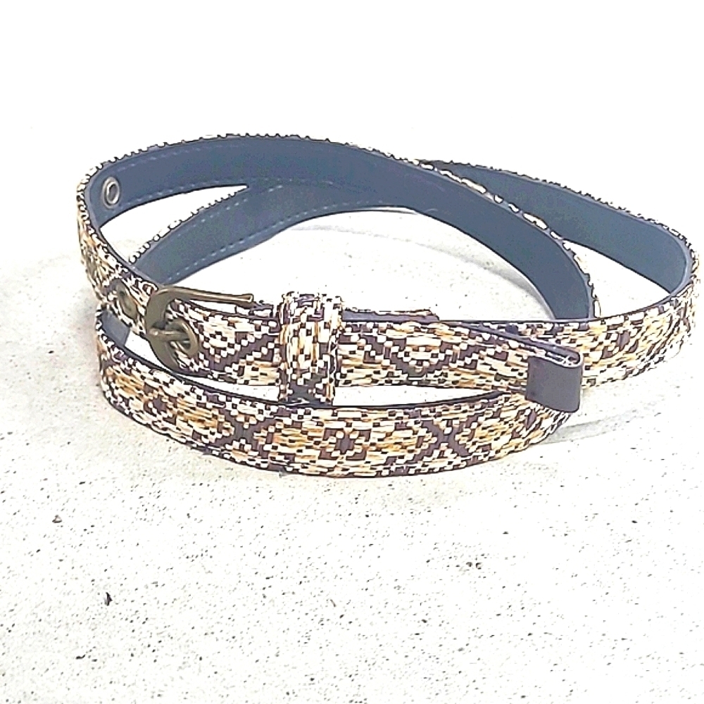 3/4" thin belt Brown white tan cream adj 33"-37" Like new